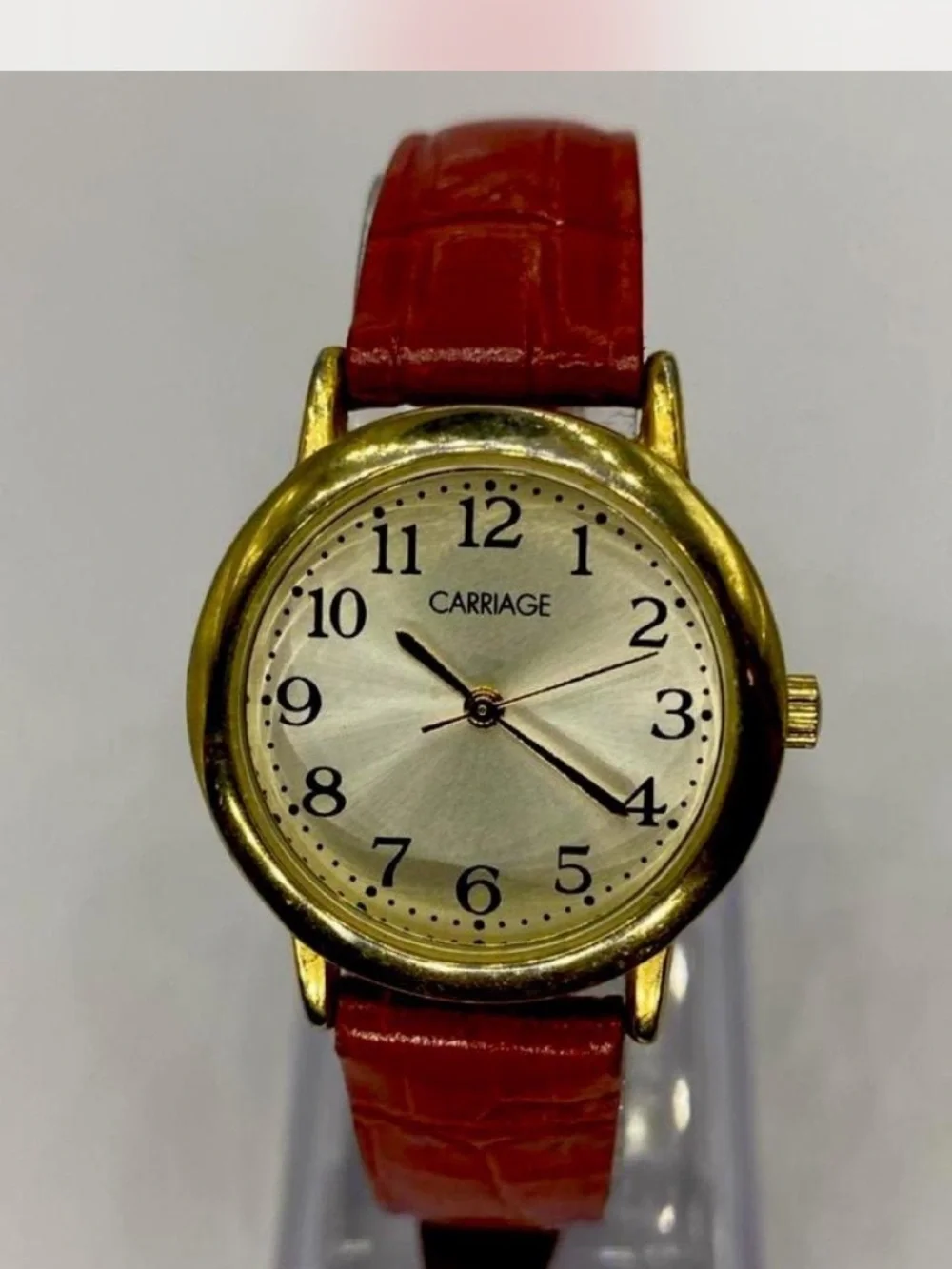 *** Carriage  ^^^ Gold-Tone Watch  \  Ruby Red Strap  ***